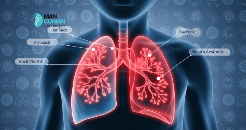 ภาพกราฟิกปอดแสดงส่วนประกอบ พร้อมคำอธิบายเกี่ยวกับปอดอักเสบและผลกระทบในเด็ก